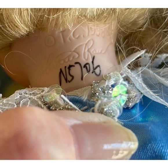 Vintage Porcelain Doll, Blue Satin Dress, 14 Inches Tall - Doll Stand Included - Picture 12 of 12